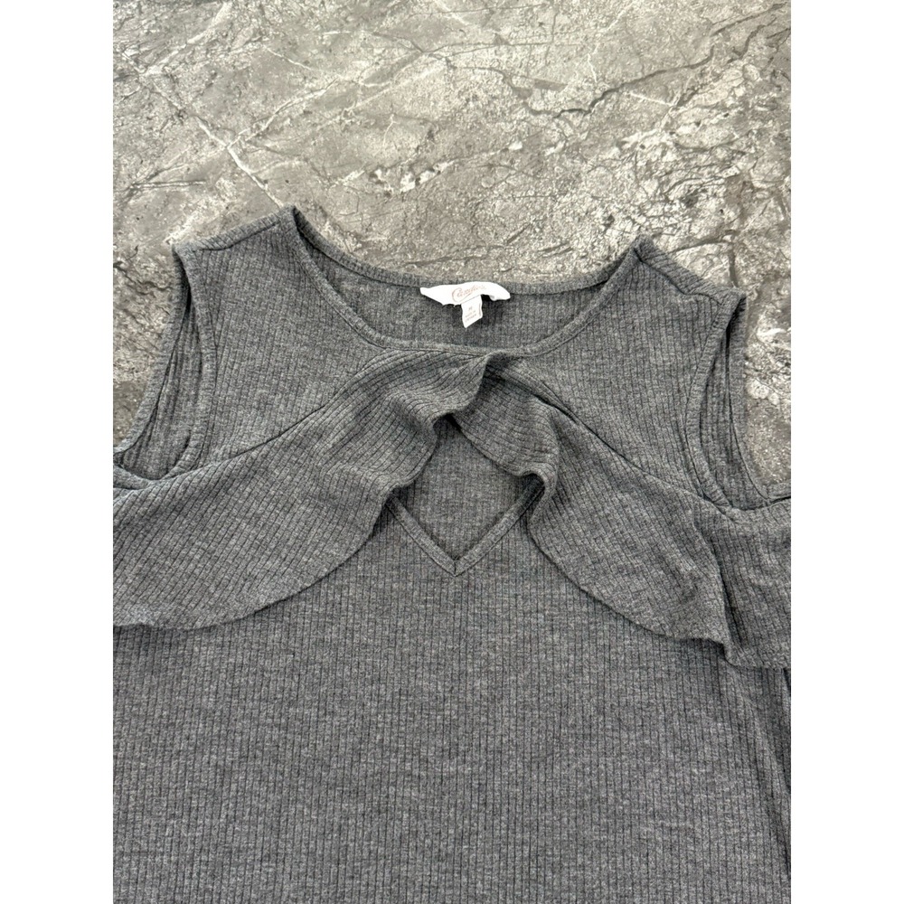 Candies Ruffle Front Stretchy Cold‎ Shoulder Ribbed Top Keyhole Ruched Gray M - Picture 3 of 10